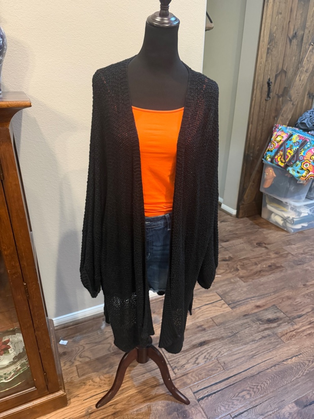 Black Open-Front Loose Knit Cardigan Sweater - Women's